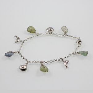 Sammelarmband "Meer", 935 Silber, ziselierte Delphine und Schneckenhäuser, Meeresglas