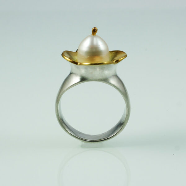 Blütenring, 935 Silber, teilvergoldet, Perle
