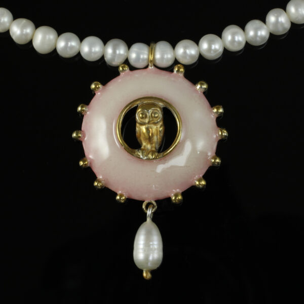 Kette "Große Eulenlinse", 935 Silber teilvergoldet und -koloriert, Perlen