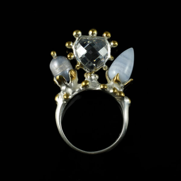 Ring "Garten mit Herz", 935 Silber teilvergoldet, Perle, Zirkonia, Chalcedon