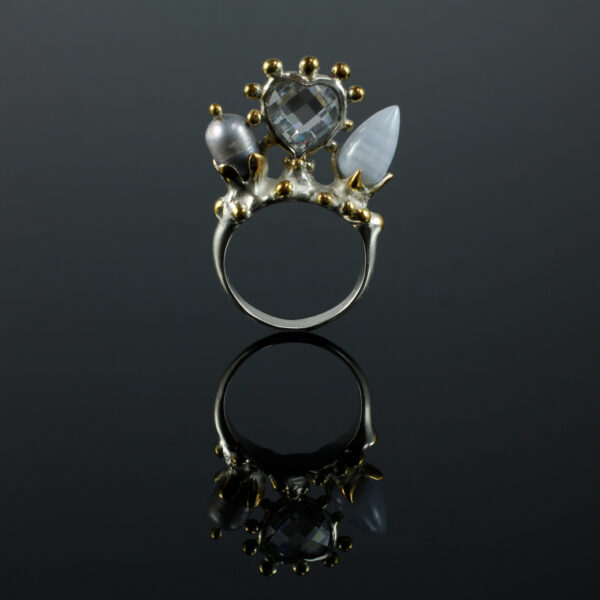 Ring "Garten mit Herz", 935 Silber teilvergoldet, Perle, Zirkonia, Chalcedon