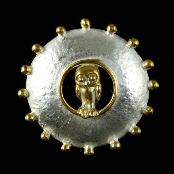 Brosche "Eulenlinse", Ø 3 cm, 935 Silber teilvergoldet