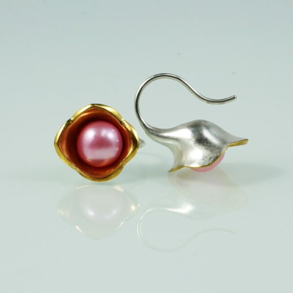 Blütenohrringe "Rosa", 935 Silber, teilvergoldet, Perle