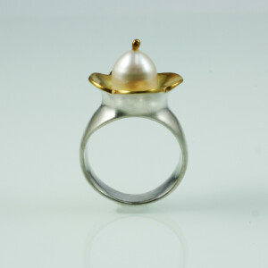 Blütenring, 935 Silber, teilvergoldet, Perle