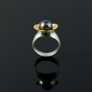 Blütenring "Schwarzer Nachtschatten", 935 Silber, teilvergoldet, Perle