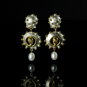 Ohrringe "Eulenlinse", 935 Silber, teilvergoldet, Perle