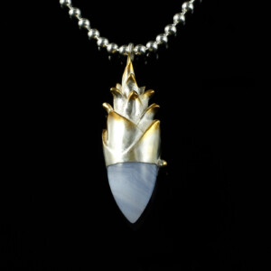 Zapfenpendel, 935 Silber teilvergoldet, Kugelkette, Chalcedon