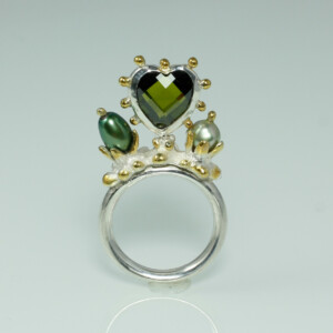 Ring "Garten mit Herz", 935 Silber teilvergoldet, Perlen, Zirkonia